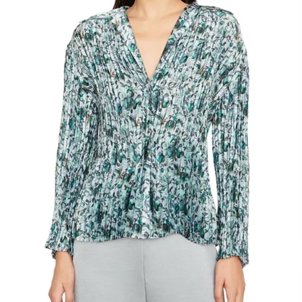Vince Berry Blooms Blue Green Pleated Blouse Top Size Medium